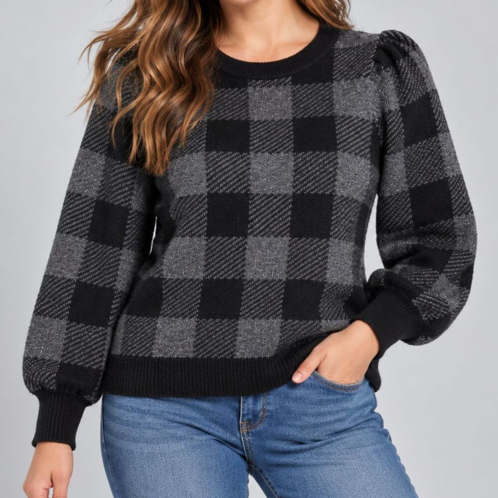 BeachLunchLounge Peggy Sweater Women’s L Black Gray Buffalo Plaid Puff Sleeve
